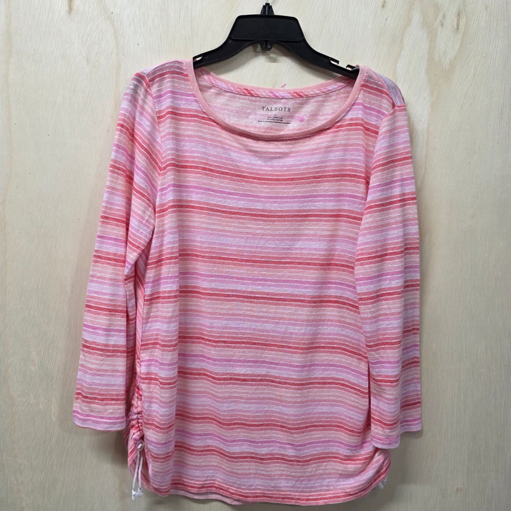 Talbots Pink Striped Linen Blend 3/4 Sleeve Side Cinch Top Large